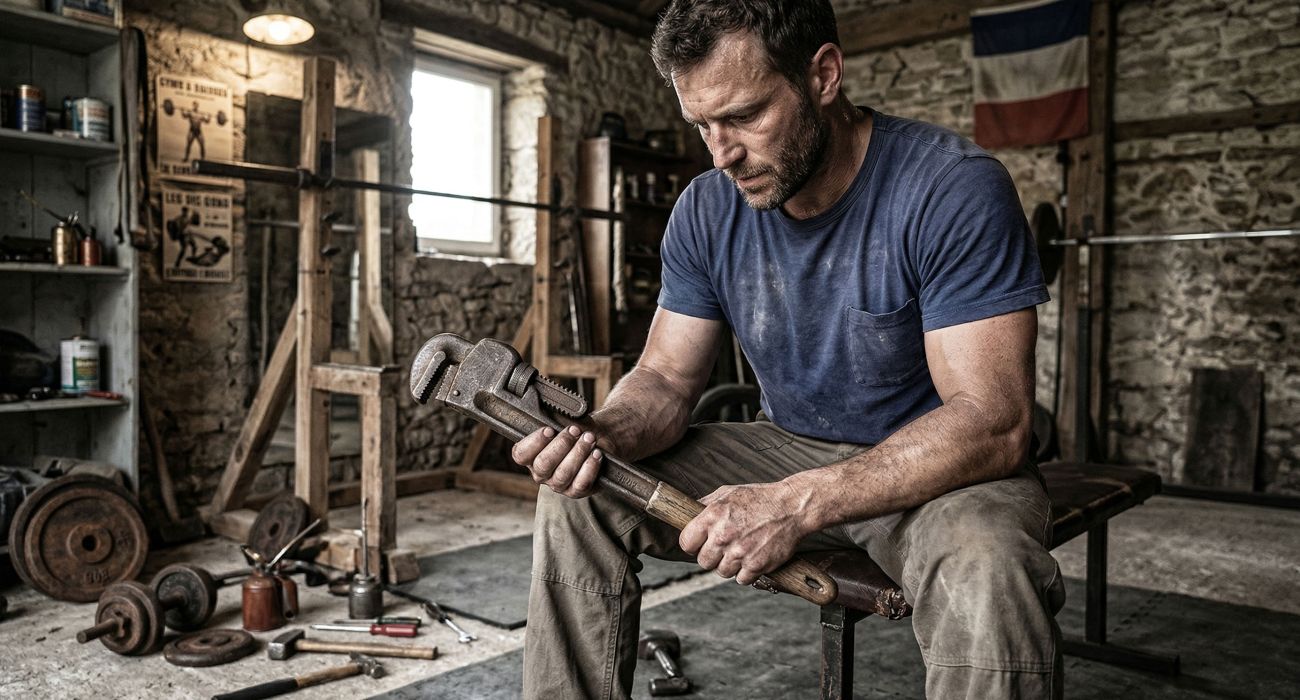 Un homme concentré sur la force fonctionnelle dans un environnement brut.