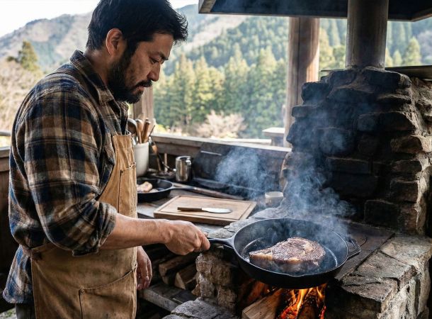 素朴な環境で高たんぱくのパフォーマンス食を準備する男性。