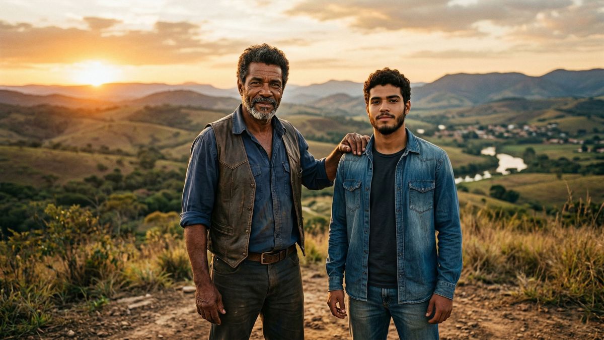 Um pai e seu filho de pé juntos na hora dourada, representando força masculina, paternidade e legado familiar
