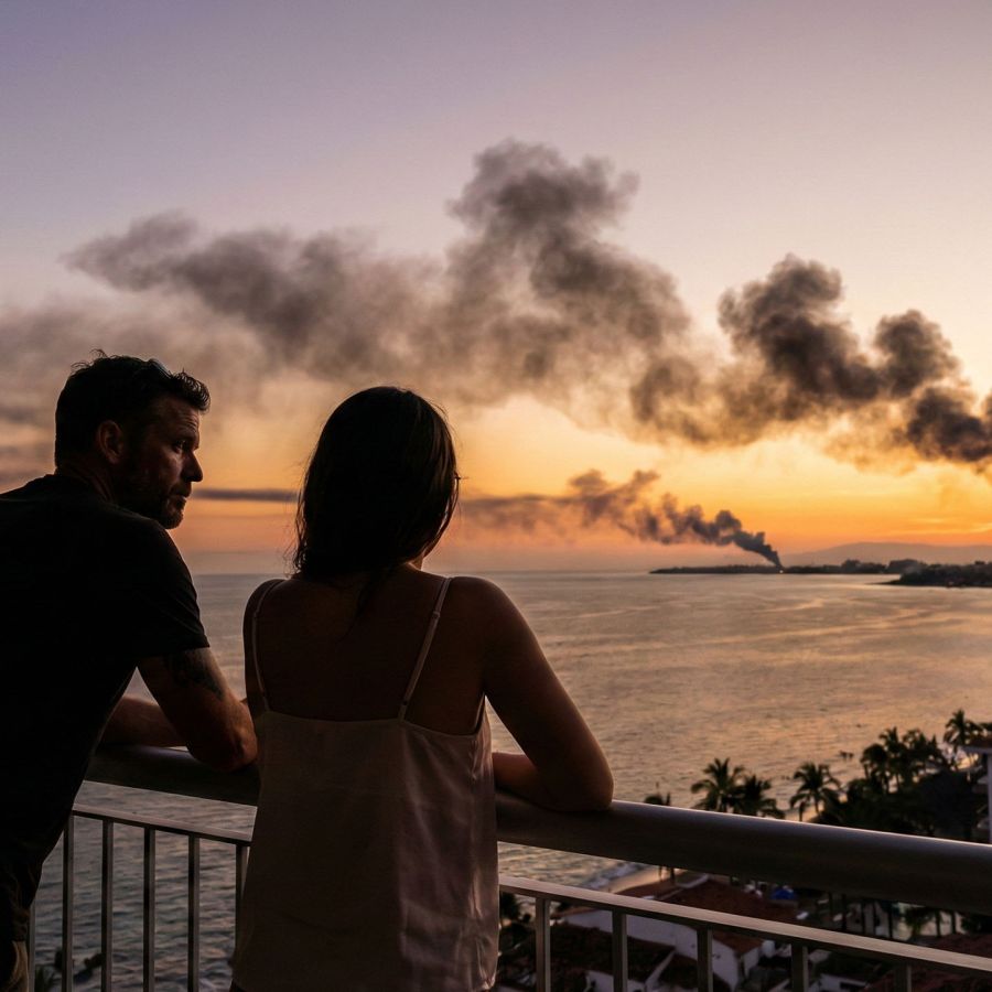 Vue du coucher de soleil sur Puerto Vallarta illustrant la tension entre beauté et chaos social.