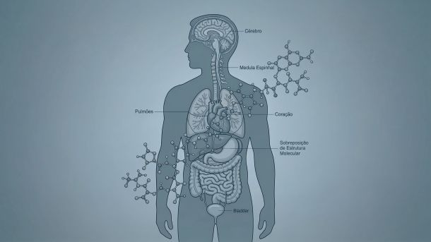 Ilustração de uma figura masculina sobreposta à estrutura molecular de microplásticos, representando a previsão de declínio dos níveis de testosterona até 2050.