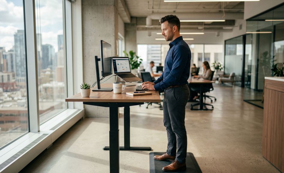 Professional man using a standing desk to improve pelvic circulation and posture during work hours.