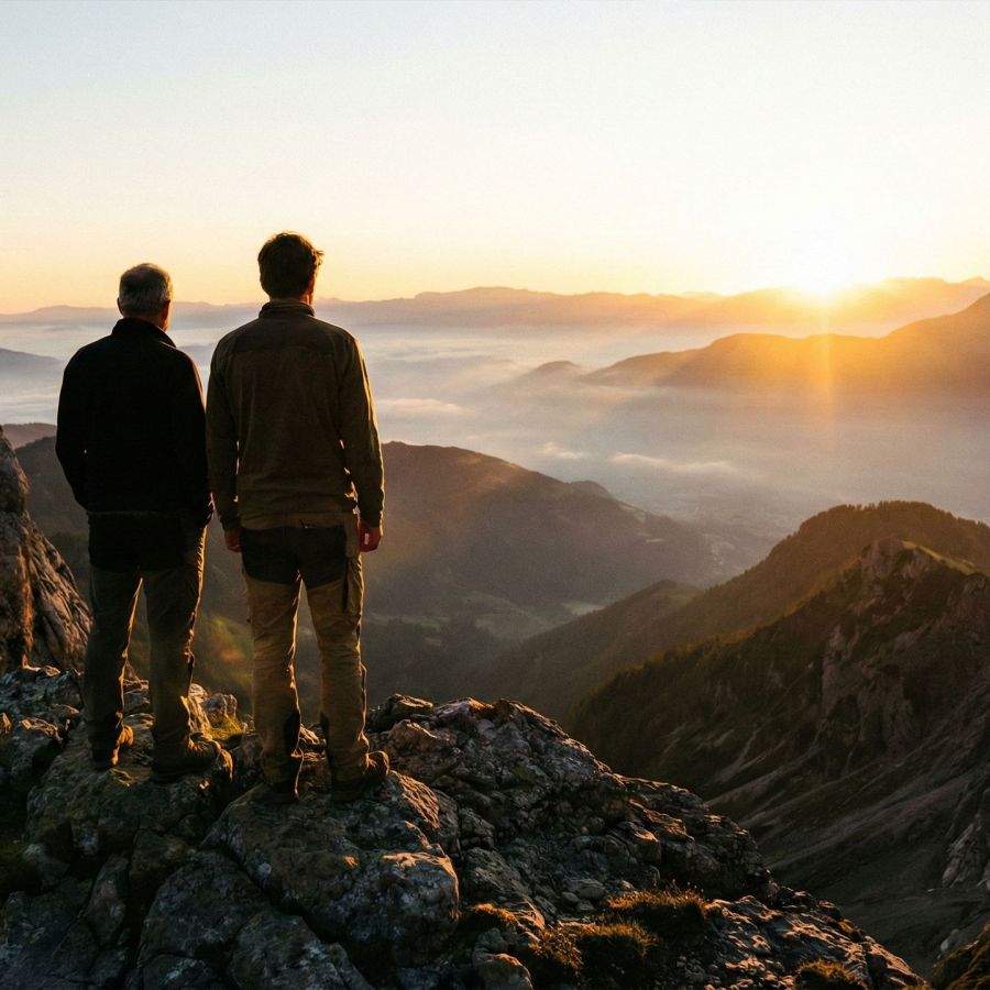 A father and son observing a mountain landscape, symbolizing guidance and the passing of a masculine legacy.