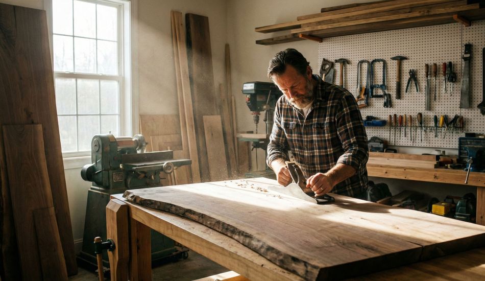 Un homme travaillant sur un projet artisanal dans son garage pour construire un sens hors du travail.