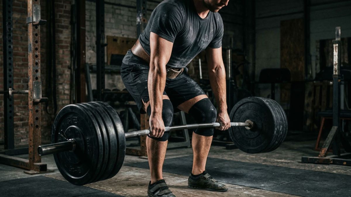 Mann führt ein schweres Langhantel-Kreuzheben mit Ganzkörperanspannung durch, was die Aktivierung des Beckenbodens und die Rumpfstabilität bei männlichen Athleten veranschaulicht.