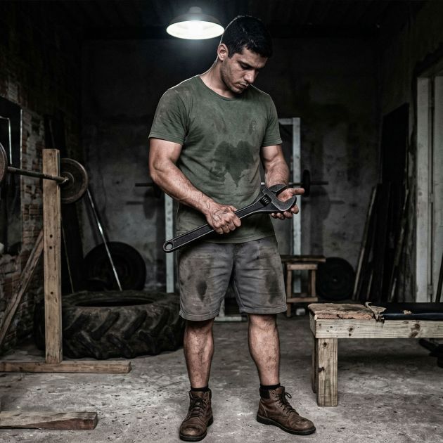 Um homem focado em força funcional em ambiente rústico.