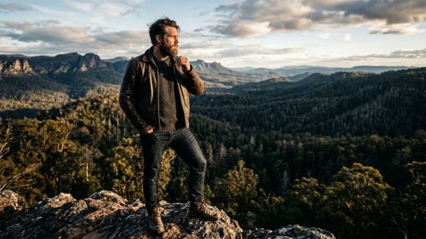 A determined man overlooking a valley, representing masculine health and generational legacy.