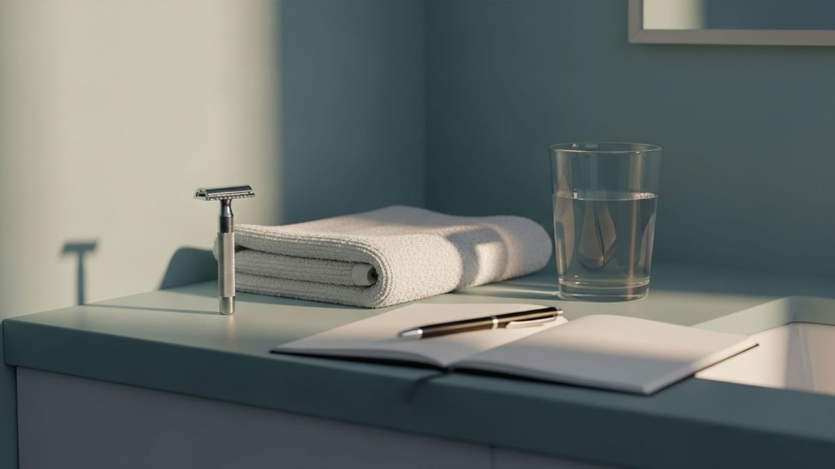 Minimal bathroom counter with safety razor, towel, water glass, and notebook in soft morning light