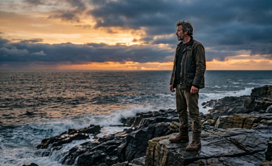 A rugged man standing at dawn on a rocky shoreline, composed and still — representing masculine identity and mindful strength