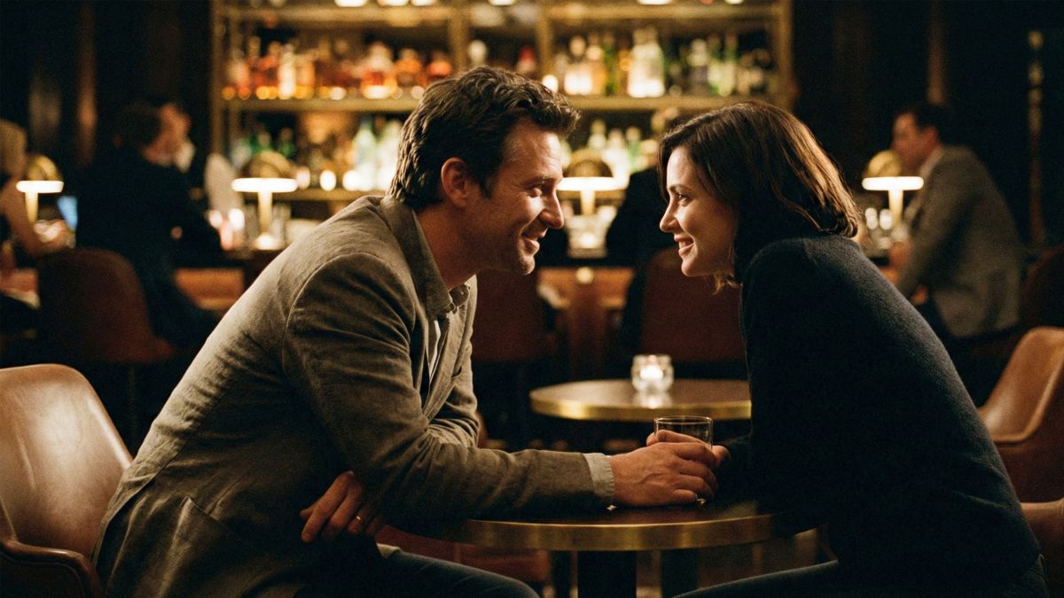 Ein Mann und eine Frau im Gespräch in einer Bar, die positive Körpersprache zeigen.