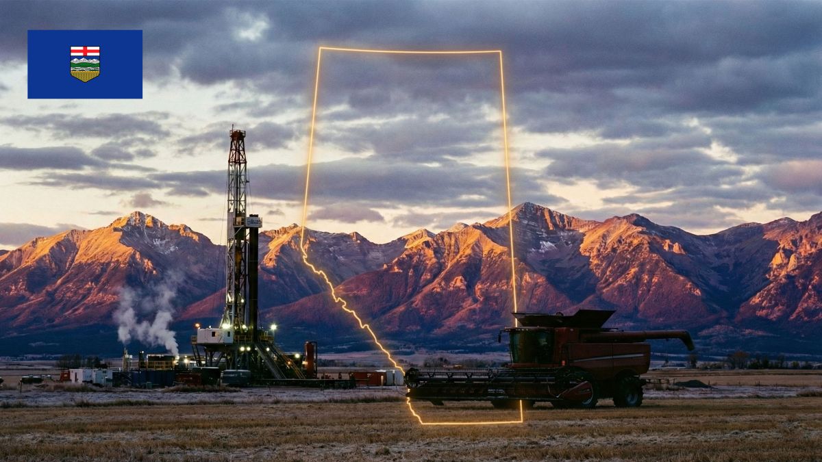 Ein Sonnenuntergang über den kanadischen Rocky Mountains in Alberta und eine Industrielandschaft als Symbol der souveränen Zukunft der Provinz.
