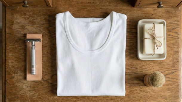 Essential male hygiene tools including cotton fabric and mild soap on a wooden background.