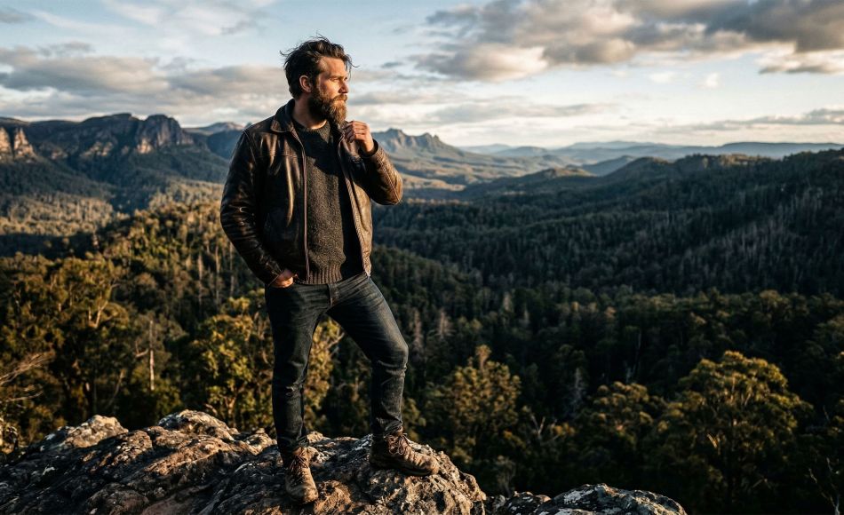 A determined man overlooking a valley, representing masculine health and generational legacy.