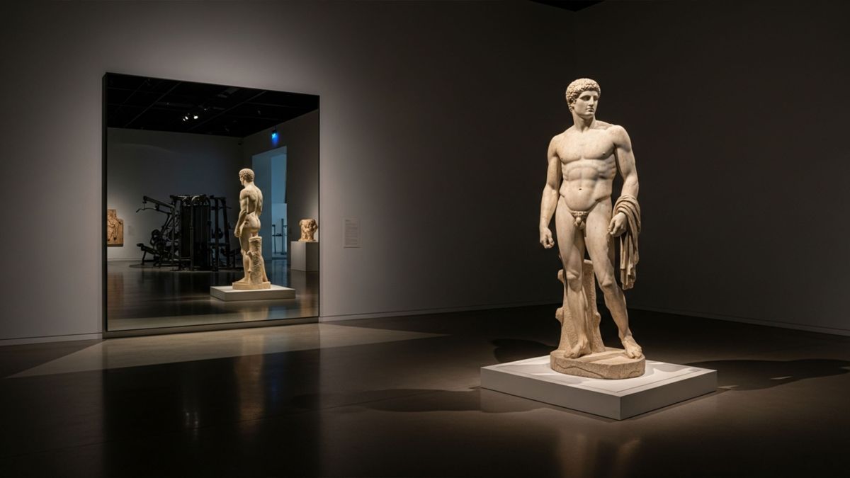 Klassische Männerstatue und Fitnessspiegel zeigen die kulturelle Prägung des Körperideals