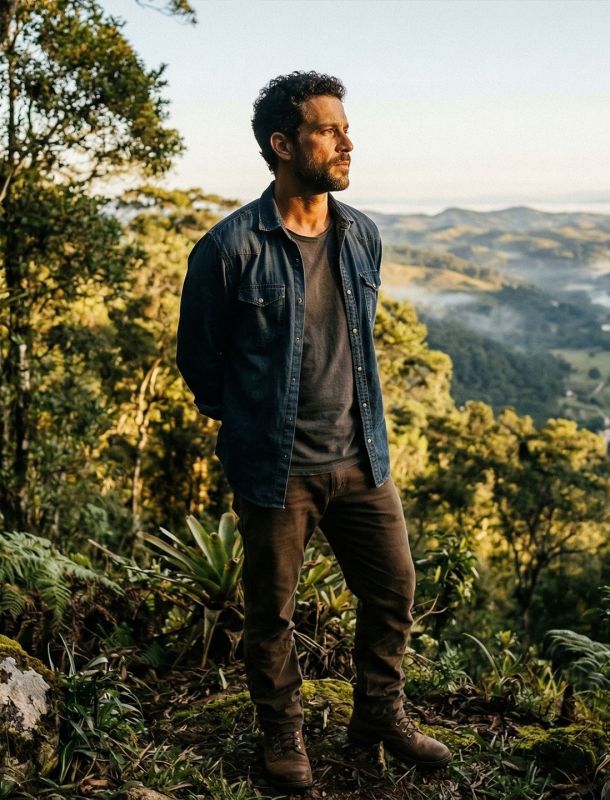 Um homem determinado observando um vale, representando saúde masculina e legado geracional.