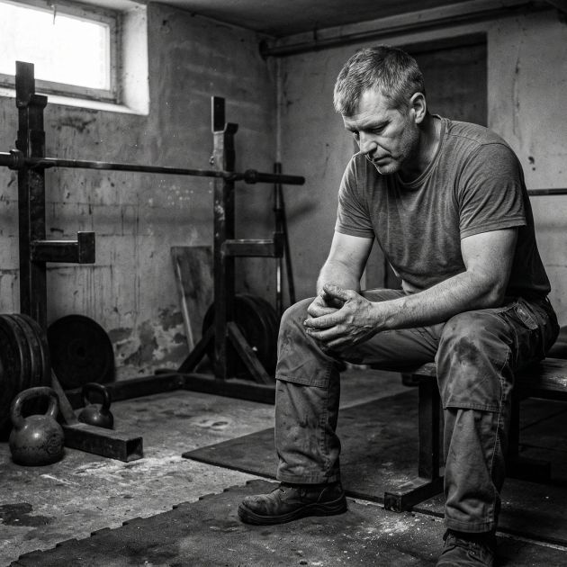 Ein Mann konzentriert sich auf funktionelle Stärke in rauer Umgebung.