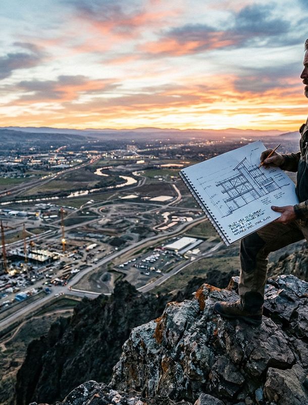 Un homme debout fermement qui surplombe un paysage, symbolisant leadership et vision.