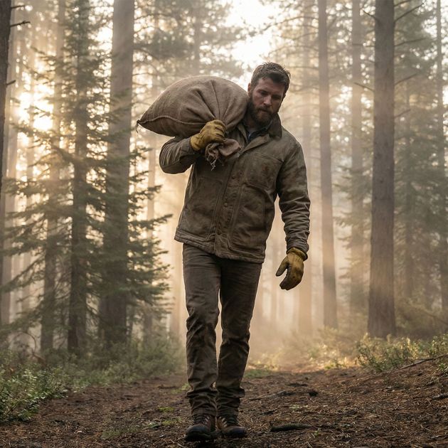 A man demonstrating functional strength by carrying a heavy load in a natural outdoor environment.