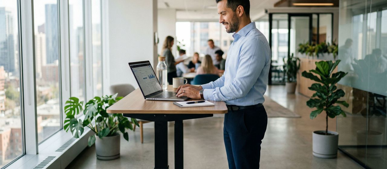 Hombre profesional usando escritorio de pie para mejorar circulación y postura.