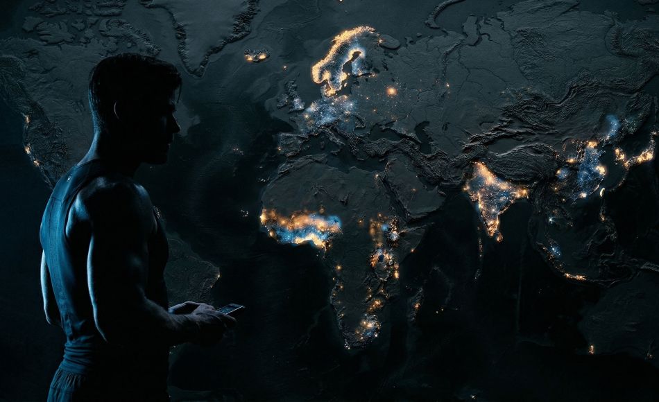 A topographic world map overlaid with biometric data heat points showing regional male physiological variation in height, testosterone, and muscle composition