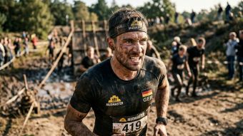 Mann, der allein eine anspruchsvolle körperliche Herausforderung meistert und rohen Antrieb sowie verdiente Leistung verkörpert