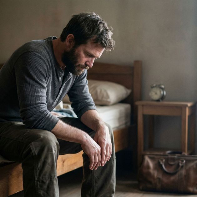 Man sitting on edge of bed in early morning light, reflecting the weight of sleep deprivation and stress on male health