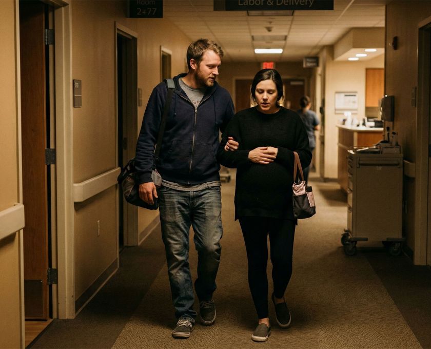 A father to be walking with his wife to the maternity unit, emotional and overwhelmed with love