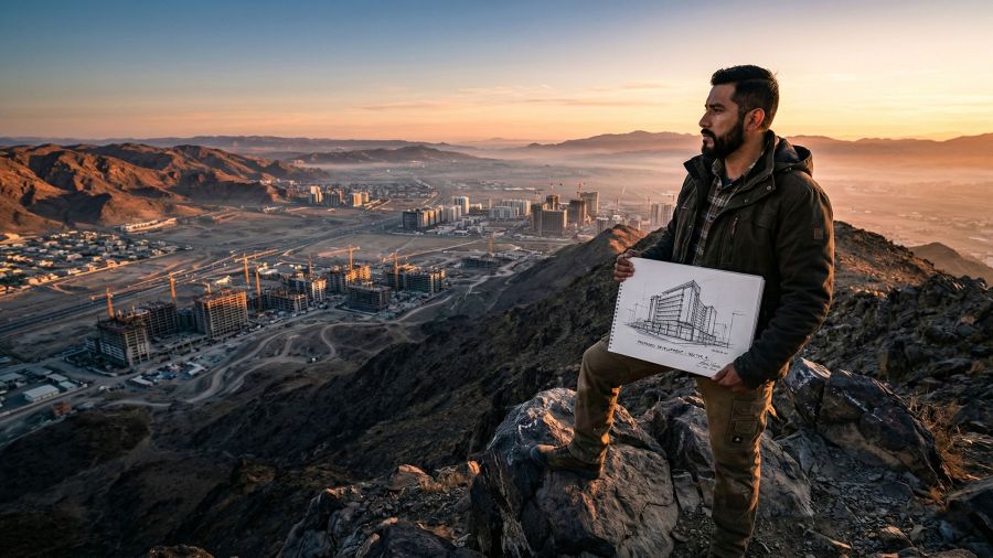 Un hombre de pie con fuerza que domina un paisaje, representando liderazgo y visión.