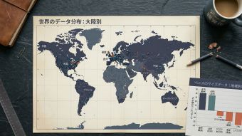 地域データポイントと分割されたメジャーテープを示す世界地図。Veale 2015陰茎サイズメタ分析における民族的・地理的データギャップを表している。