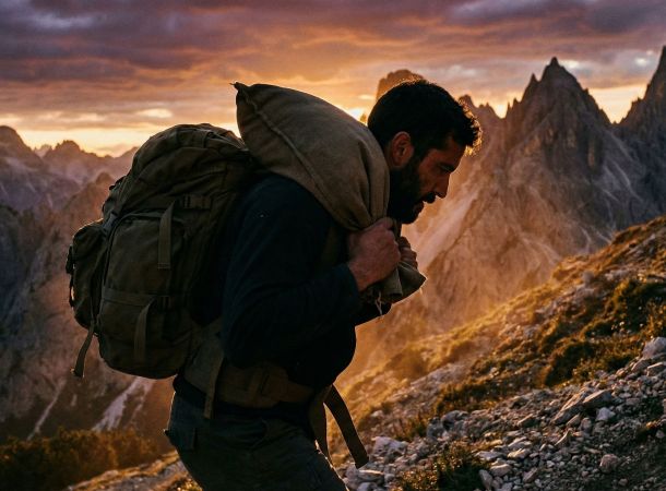 Un hombre con equipo resistente realizando un ejercicio de carga funcional al aire libre, representando el entrenamiento guerrero antiguo.