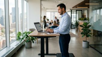 Hombre profesional usando escritorio de pie para mejorar circulación y postura.