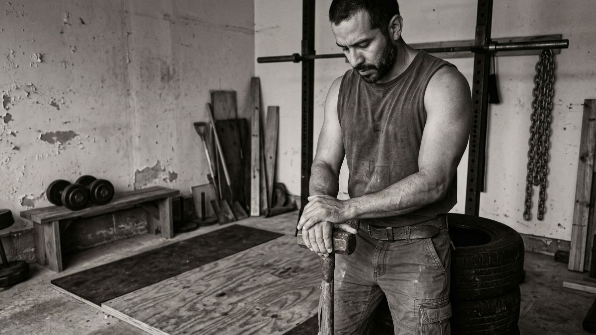 Un hombre enfocado en fuerza funcional en un entorno rudo.