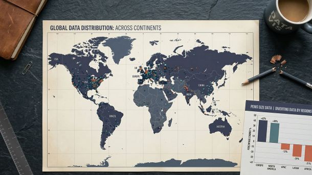 A world map with regional data points and a split measuring tape, representing ethnic and geographic gaps in the Veale 2015 penile size meta-analysis.