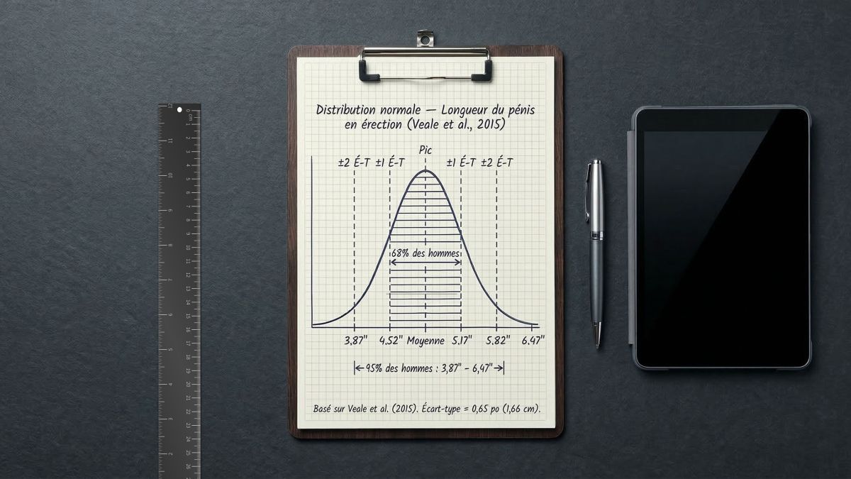 Une règle métallique à côté d’un clipboard montrant une courbe de distribution statistique — représentant les données cliniques de la méta-analyse de 2015 sur la taille du pénis auprès de 15 521 hommes.