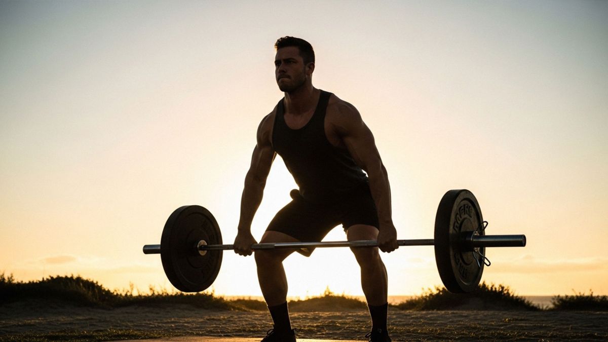 Hombre levantando barra al amanecer con postura fuerte y expresión enfocada