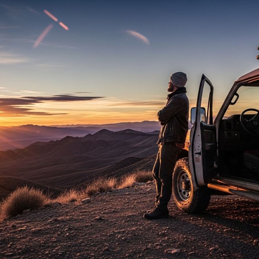A man experiencing a moment of reflection during a rugged overland adventure.