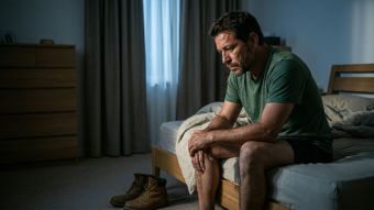 Hombre sentado al borde de la cama al amanecer, afectado por el estrés y la falta de sueño