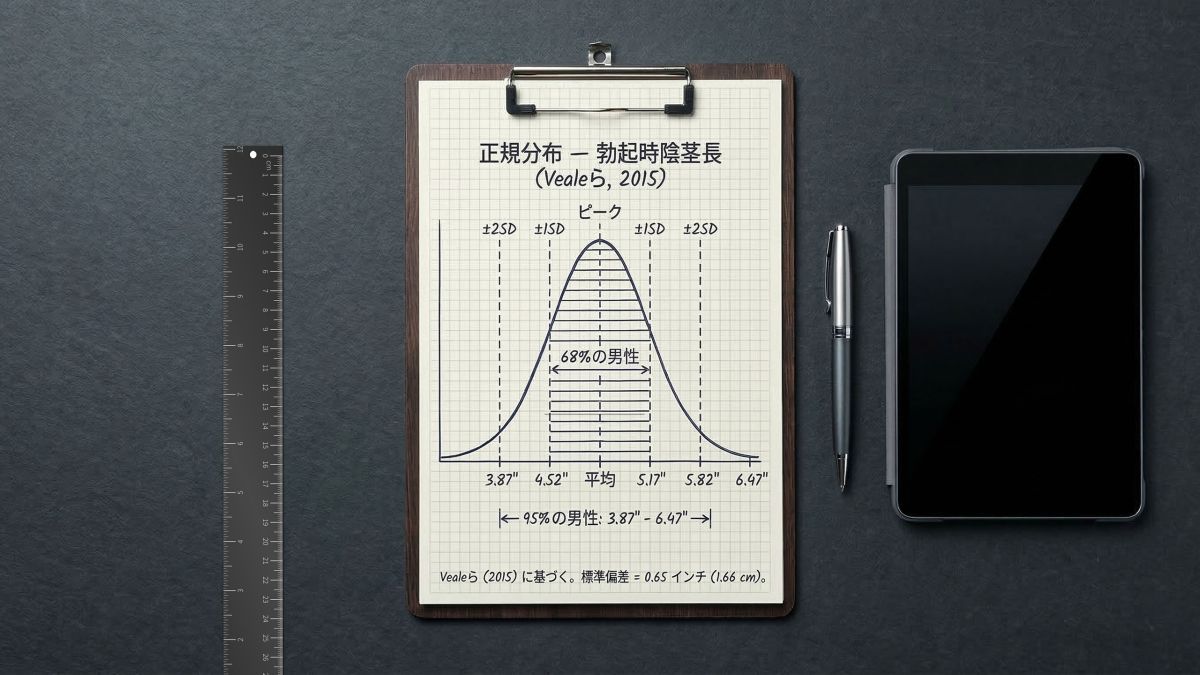 金属製の定規と統計ベルカーブが描かれたクリップボード。2015年の15,521人を対象としたペニスサイズのメタ分析データを表しています。