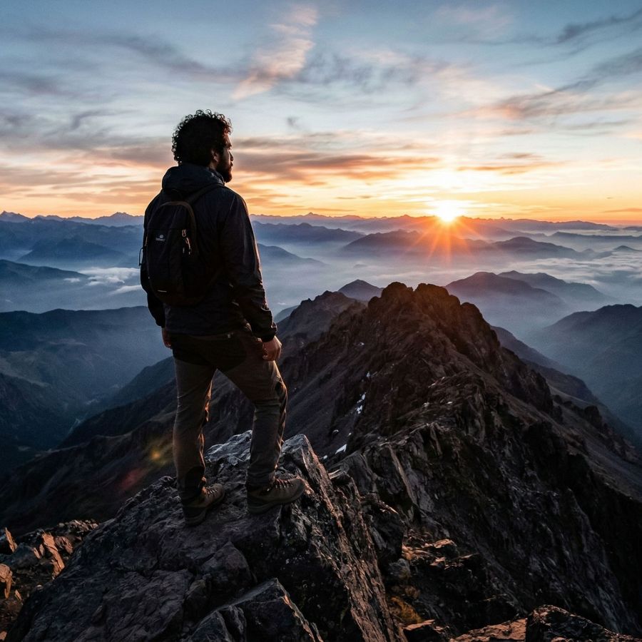 Um homem em pé no topo de uma montanha rochosa observando um vasto vale ao nascer do sol.