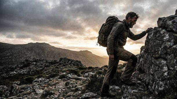 A muscular man training in a rugged environment representing traditional male vitality.