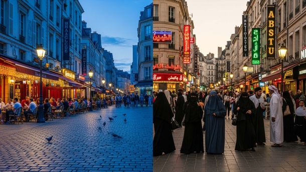 Split-view European city square contrasting traditional Western nightlife with segregated immigrant enclave