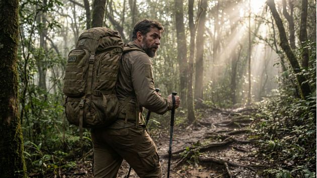 Um homem em forma caminhando ao ar livre, representando saúde masculina robusta e desempenho físico máximo.