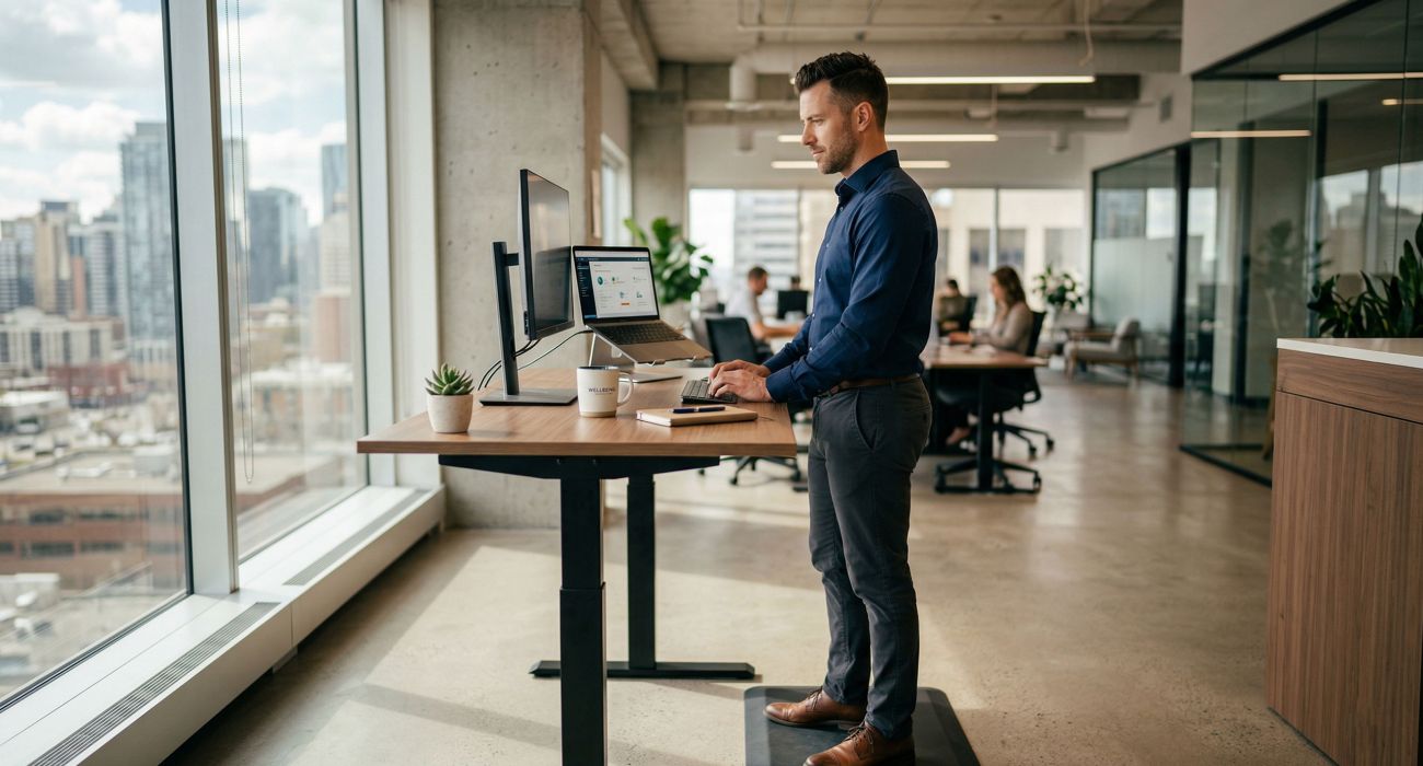 Professional man using a standing desk to improve pelvic circulation and posture during work hours.