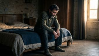 Homme assis au bord du lit à l’aube, ressentant les effets du manque de sommeil et du stress sur sa santé