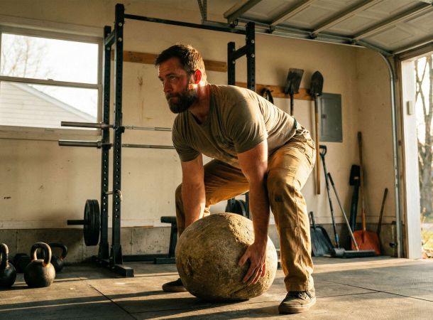 A man performing an odd-object lift to build functional warrior strength.