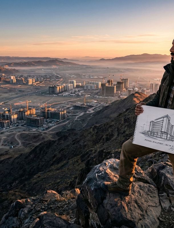 Un hombre de pie con fuerza que domina un paisaje, representando liderazgo y visión.