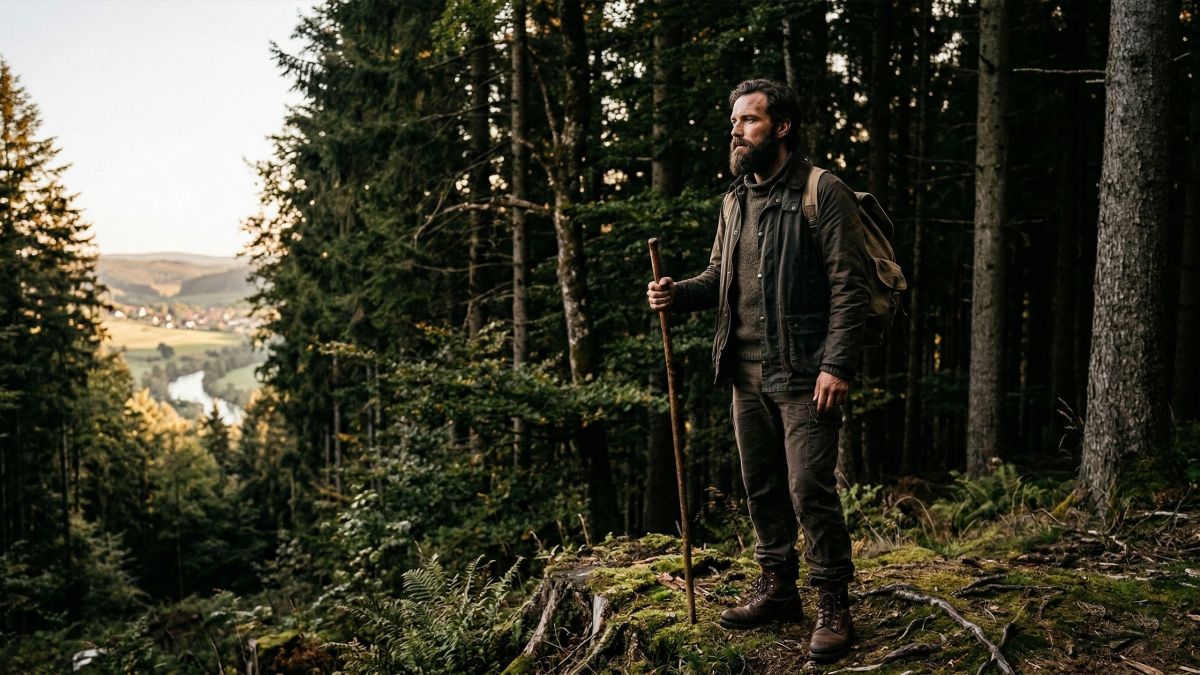 Ein entschlossener Mann blickt über ein Tal und symbolisiert männliche Gesundheit und generationelles Erbe.