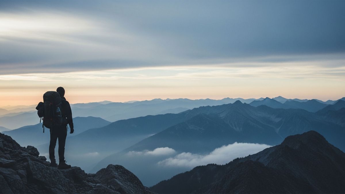 Mann bei Sonnenaufgang auf einem Bergkamm während einer Solo-Reise