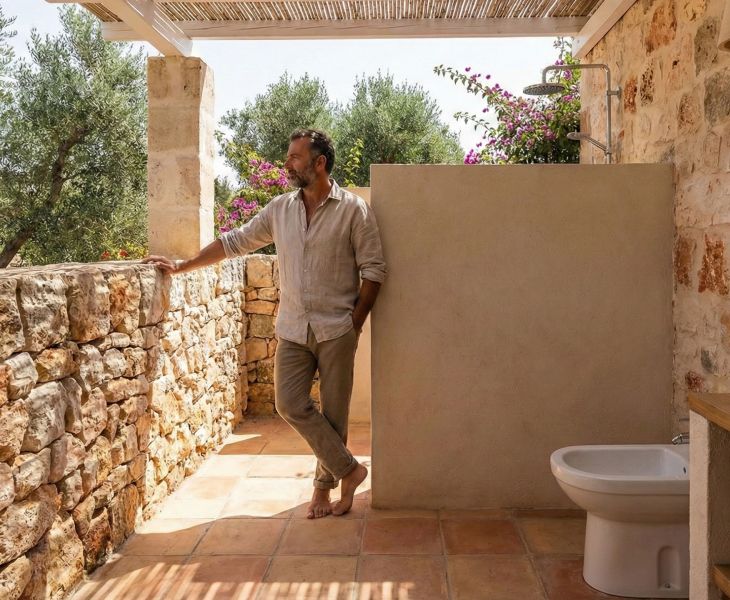 Salle de bain méditerranéenne traditionnelle avec bidet illustrant l’hygiène masculine.