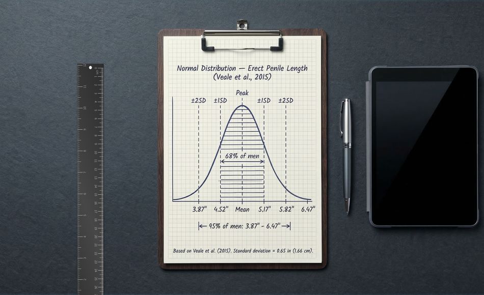 A steel ruler beside a clipboard showing a statistical bell curve — representing clinical data from the 2015 penile size meta-analysis of 15,521 men.